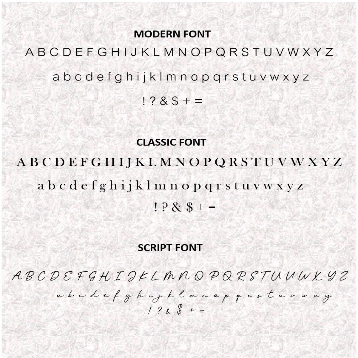 Available fonts for personalisation