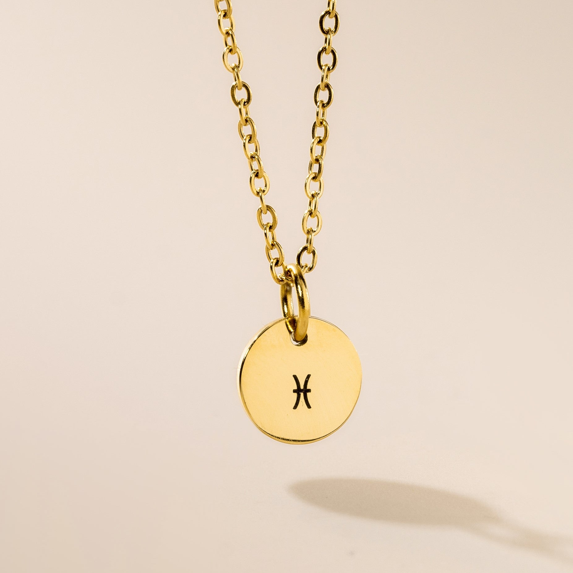 A gold-plated pendant necklace with the Pisces astrological sign engraved on a disc, attached to a gold-plated chain, presented against a neutral background.
