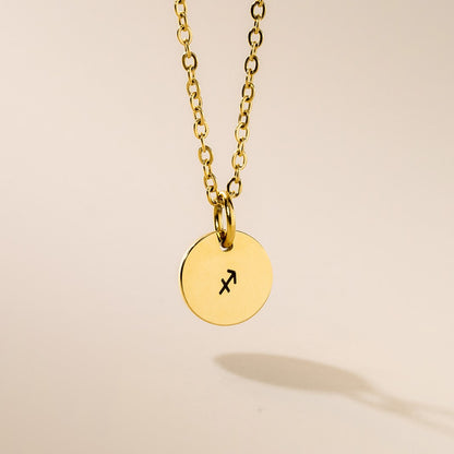 A gold-plated Sagittarius pendant necklace on a gold-plated chain, featuring laser engraving on the pendant.