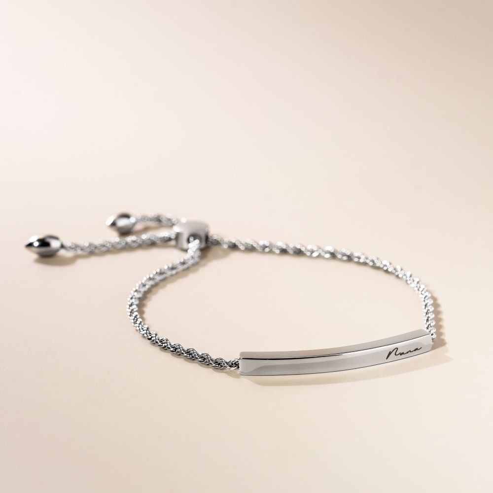 An adjustable silver rope chain bracelet with a lobster clasp closure, displayed against a neutral background.