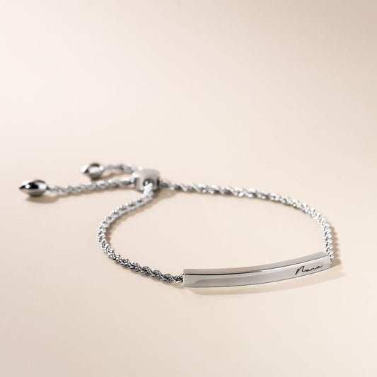 An adjustable silver rope chain bracelet with a lobster clasp closure, displayed against a neutral background.