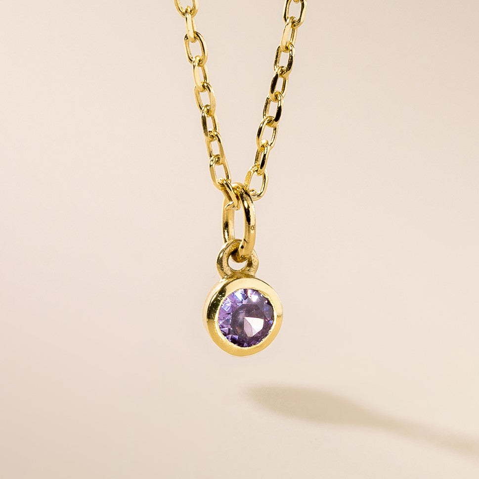 A gold-colored pendant necklace with a round purple birthstone pendant, displayed against a plain background.