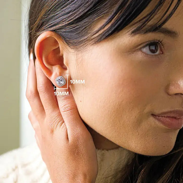 Close-up of a woman wearing an earring with a measurement overlay.