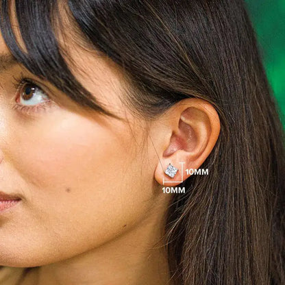 Close-up of an ear wearing a diamond earring with size label '10MM'.