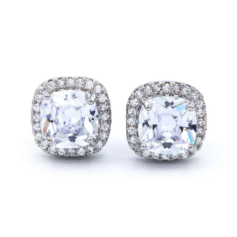 Close up of the sterling silver cushion cubic zirconia stud earrings
